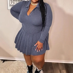 Women Plus Size V Neck Ribbed Long Sleeve Midi Dress Elegant Solid Color High Waist Pleated A-Line Dress For Office Party Daily