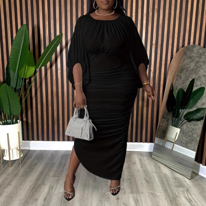 Elegant black ruched maxi dress with round neck and draped sleeves in a slim fit style
