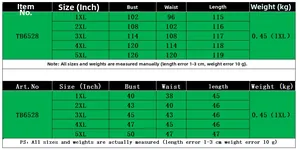 Size chart for plus size printed dress showing measurements from 1XL to 5XL in CM and Inch