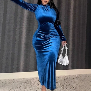 Women Plus Size Elegant Velvet Bodycon Maxi Dress Long Sleeve Mock Neck Back Slit Zip Up Evening Banquet Slim Long Gown
