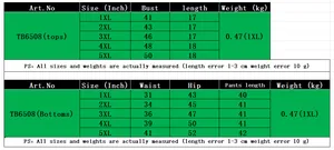 Size chart for women's plus size slim fit long sleeve set with detailed measurements