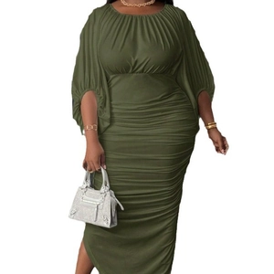 Plus size olive green ruched maxi dress with crew neck and batwing sleeves for women
