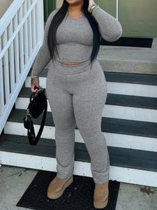 Women Plus Size Heather Gray Knitted Long Sleeve Round Neck Crop Top And High Waist Straight Leg Pants Loungewear Outfit