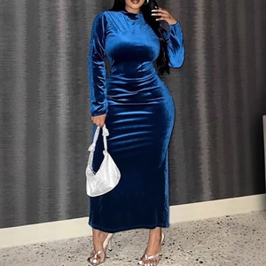 Elegant navy blue velvet maxi dress with long sleeves and high neckline for women