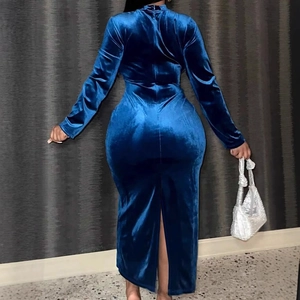 Elegant navy blue velvet long sleeve dress with high neck and back slit for women