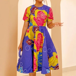 Women Plus Size African Wax Print Floral Dress Elegant Short Sleeve Round Neck A-Line Rose Pattern Summer Party Dress