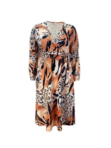 Detailed view of long sleeve animal print dress featuring V-neck and waist tie design