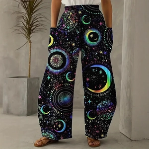 Pantalon Large Grande Taille Femmes Avec Impression Lune Étoiles Célestes Taille Haute Pantalon Décontracté Ample Avec Poches