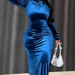 Elegant royal blue velvet long sleeve dress with slim fit bodycon cut and round neck