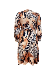 Back view of a long-sleeved animal print dress featuring a waist belt and A-line hem