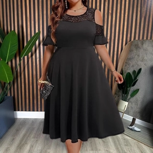 Plus size black A-line dress with lace patchwork round neck and cold shoulder sleeves