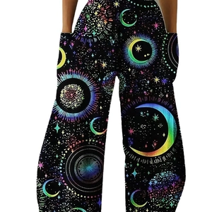 Pantalon large bohème ample avec imprimé céleste de lune et d'étoiles et poches latérales