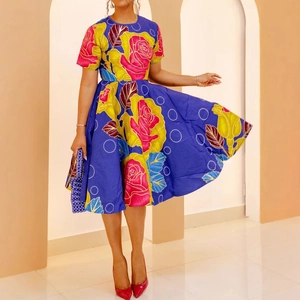 Short sleeve African wax print dress with blue base and yellow pink floral patterns