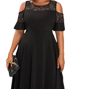 Elegant plus size black cold shoulder dress with delicate lace detailing and A-line silhouette