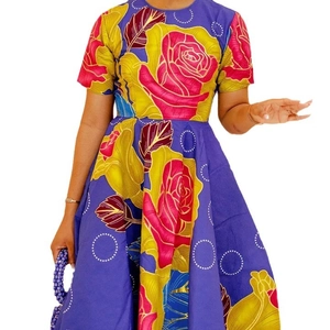 Short sleeve purple floral maxi dress with yellow rose prints and a round neckline