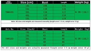 Tableau des tailles pour robe en mesh avec mesures de poitrine et longueur en cm et pouces
