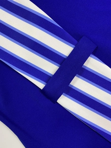 Dettaglio dell'abito blu reale con ampia cintura a righe e fibbia in tessuto coordinata