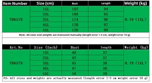 Size chart for floral print plus size bodycon dress TB6579 with measurements 1XL to 5XL