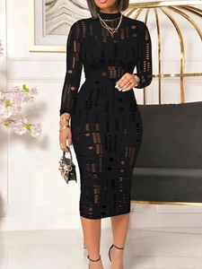 Robe Moulante Sexy Grande Taille pour Femme Manches Longues Col Demi-Montant Motif Géométrique Ajouré Découpe Laser Robe Midi Noire