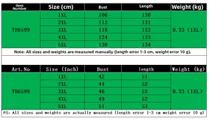 Tableau des tailles pour robe polo à manches longues et imprimé de taille 1XL à 5XL