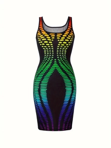 Detail of black bodycon dress featuring vibrant rainbow gradient oval dot print pattern