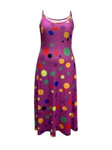 Detailed view of the vibrant polka dot print on this purple sleeveless midi dress