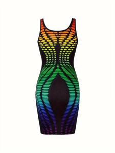 Detail of bodycon dress showing vibrant rainbow gradient polka dots and sleek sleeveless cut