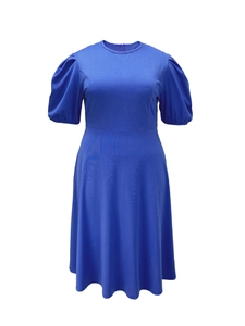 Detailed view of royal blue short sleeve dress with round neck and elegant puff sleeves