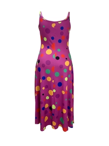 Close-up of vibrant purple maxi dress featuring colorful polka dot prints and slim straps