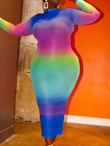 Détail de la robe longue à manches longues avec dégradé arc-en-ciel en résille