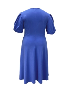 Detail of invisible back zipper and soft texture of this dark blue A-line dress