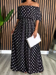 Women's Plus Size Off-Shoulder Polka Dot Maxi Dress Elegant Ruffle Layered Pleated High Waist Summer Long Dress Black