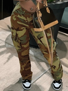 Pantalon Cargo Camouflage à Taille Haute pour Femmes Jambe Droite Streetwear Pantalon à Poches Multiples Mode Décontracté