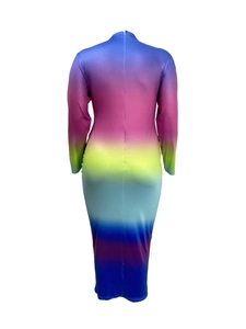 Vue détaillée du dos d'une robe moulante arc-en-ciel avec fermeture éclair invisible
