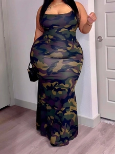 Detail of plus size bodycon maxi dress with jungle camouflage pattern and thin straps