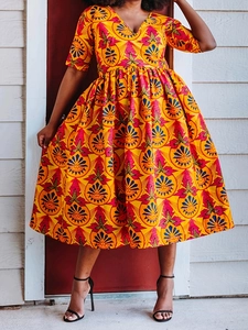 Women Plus Size V-Neck Midi A-Line Dress African Ethnic Geometric Print Spandex High Waist Five-Point Sleeve Casual Dress