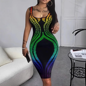 Plus Size Women Rainbow Gradient Print Bodycon Dress Sleeveless Round Neck Slim Fit Fashion Midi Dress