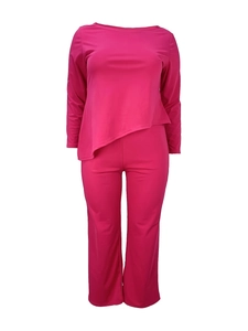 Elegant rose red two-piece set featuring long sleeve round neck top and straight leg pants