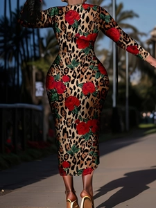 Detail of high-stretch floral leopard print midi dress with red roses and a V-neckline