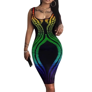 Fashionable black bodycon midi dress with vibrant rainbow geometric print and wide straps
