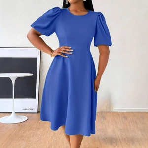 Women Plus Size Puff Sleeve A-Line Midi Dress Elegant Round Neck Solid Color High Waist Swing Party Dress For Ladies