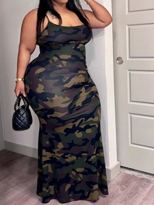 Close-up of camouflage print fabric on slim fit plus size maxi dress with straps
