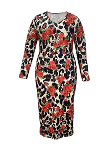 Close-up of long sleeve dress featuring classic leopard print and red rose floral pattern