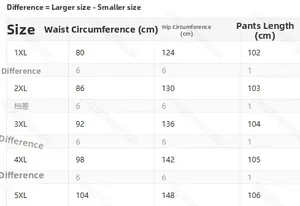 Tabla de tallas detallada para pantalones anchos casuales con medidas de 1XL a 5XL