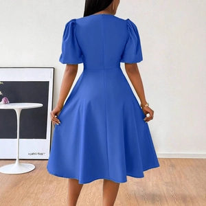 Elegant royal blue puff sleeve midi dress with a high waist and flared skirt for women