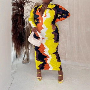 Robe Maxi Grande Taille pour Femmes Imprimé Géométrique Manches Longues Col Polo Moulante Décontractée Mode Bureau Fête Robe Longue