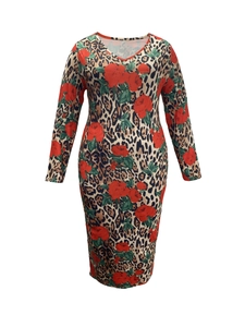 Detail view of V-neck dress featuring unique leopard print mixed with red rose patterns