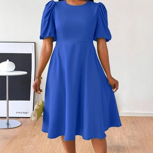 Elegant bright blue midi dress with puff sleeves, round neck and cinched waist for women
