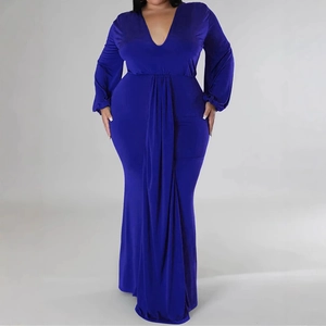 Robe Longue Élégante Grande Taille Bleu Roi Col en V Manches Longues Froncée Moulante pour Soirée Mariage Femme