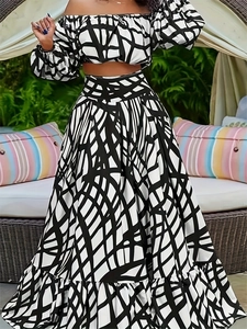 Women's off-shoulder crop top and high-waist maxi skirt set with geometric print